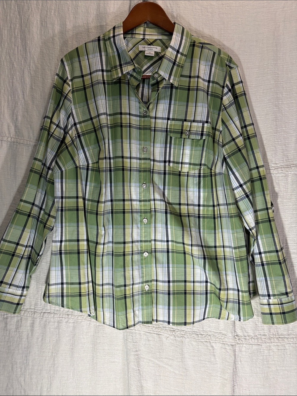 Liz Claiborne Green Plaid Button-Up Shirt with Chest Pocket 100% Cotton 3x